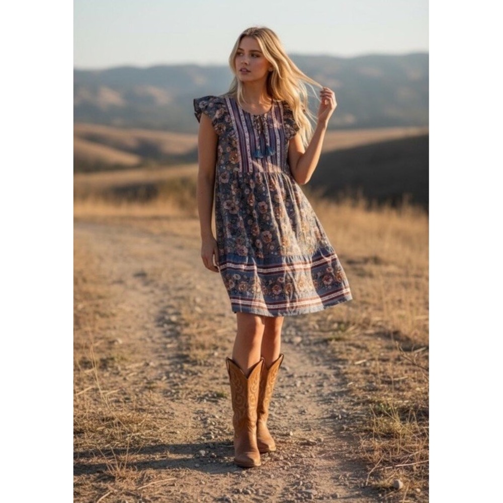 Matilda Jane Heart to Heart Pasture Blue Floral Flutter Sleeve Dress Size Small